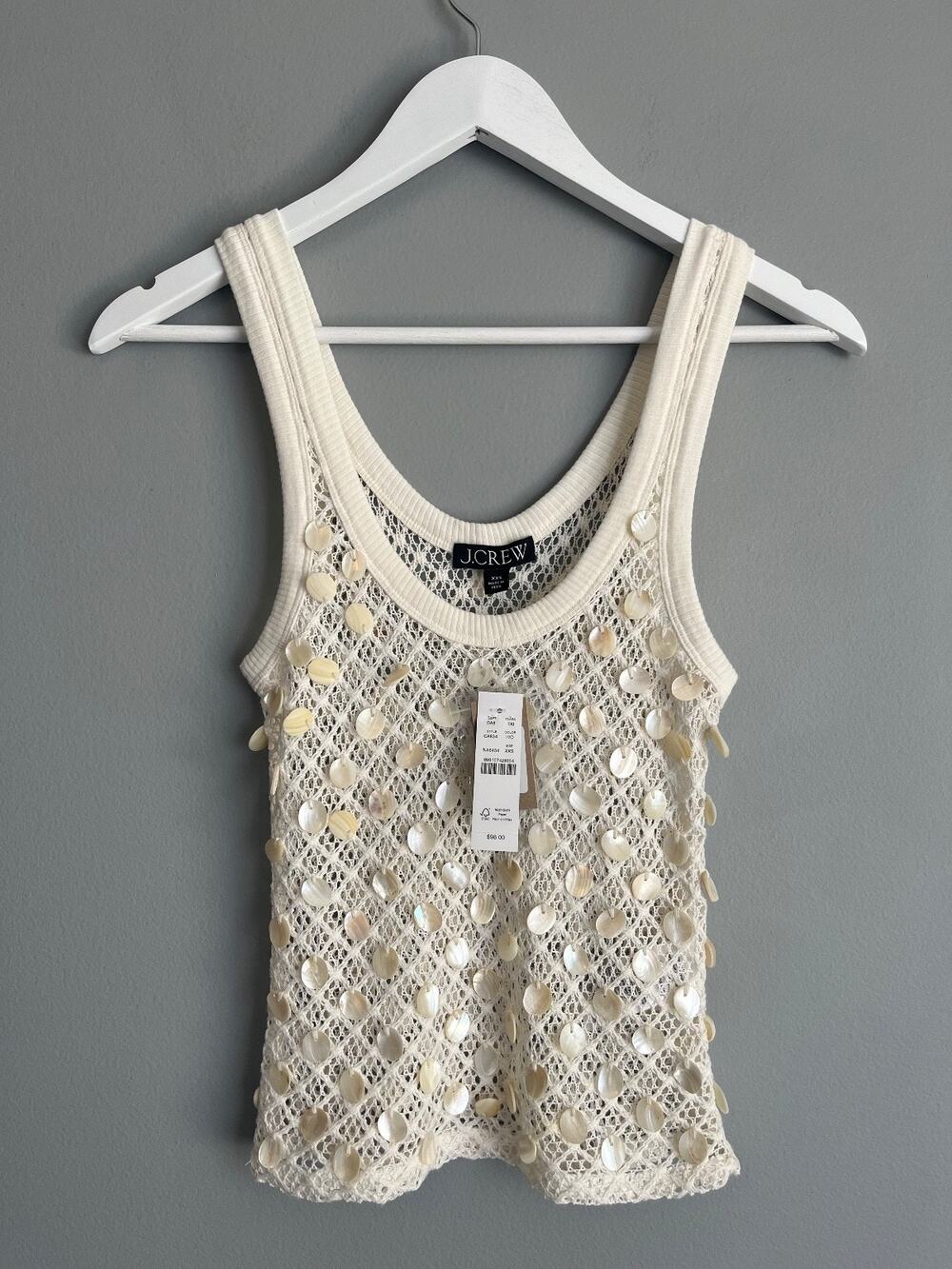 J.Crew XXS Ivory Crochet Tank NWT $98 Shell Paillette Beach Boho Resort Coastal